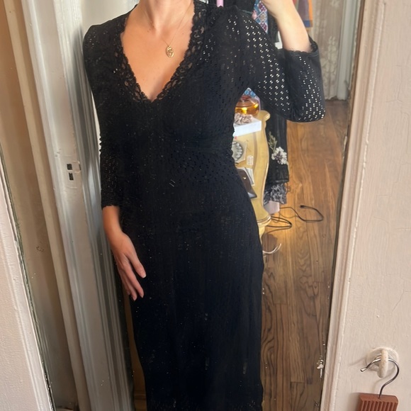 VINTAGE BETSEY JOHNSON BLACK STRETCH MIDI DRESS CLASSIC ICONIC BETSEY LACE S M - Picture 11 of 13